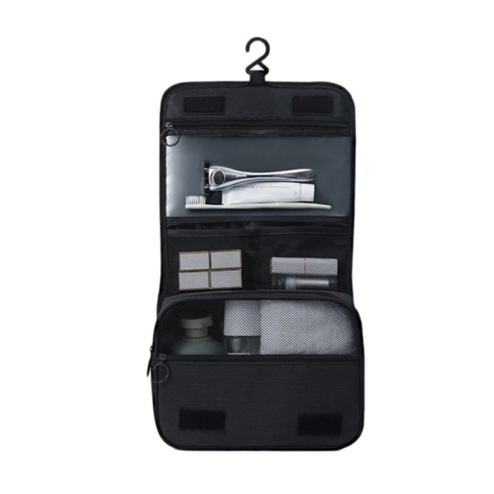 Organizator cosmetice, Ecarla, 4 buzunare, 23 cm x 19 cm, Negru