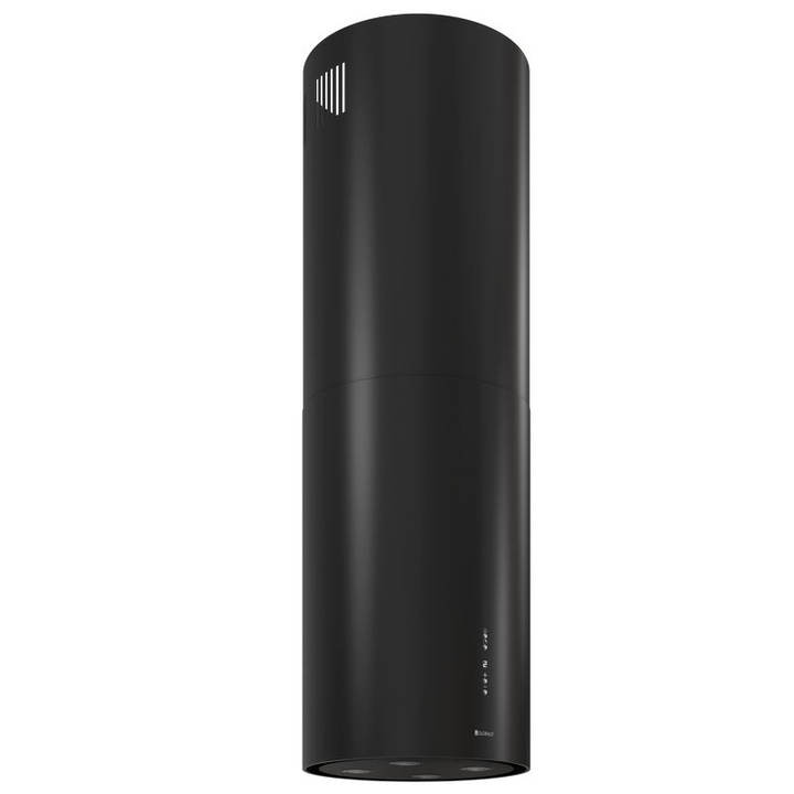 Островен аспиратор Globalo Cylindro Isola 39.6 Black Shadow, енергиен клас: B, ширина 39 cm, електронно управление, Soft-Touch бутони с LCD дисплей, диапазон на скоростта 3 и boost, максимален капацитет на абсорбция 742 mc/h