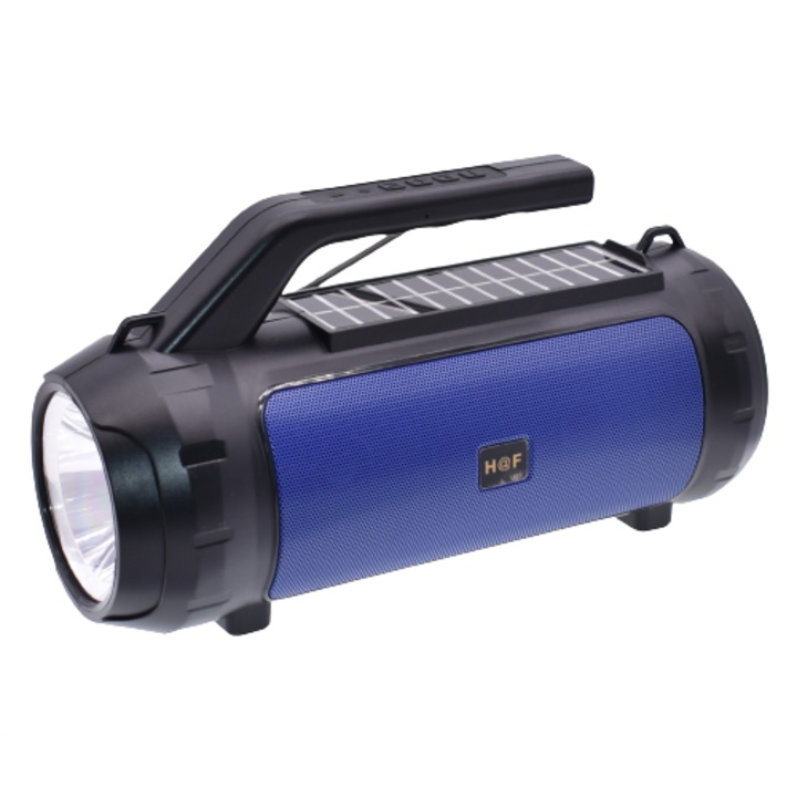 Radio portabil cu Bluetooth, cititor mp3 USB/TF card, Radio FM, functie Hands-Free, Incarcare Solara, albastru