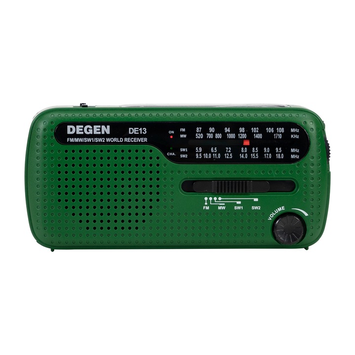 Radio de urgenta PNI Degen DE13, FM-AM-SW, cu alimentare solara, acumulator sau baterii AAA, functii SOS, lanterna, lumina semnalizare