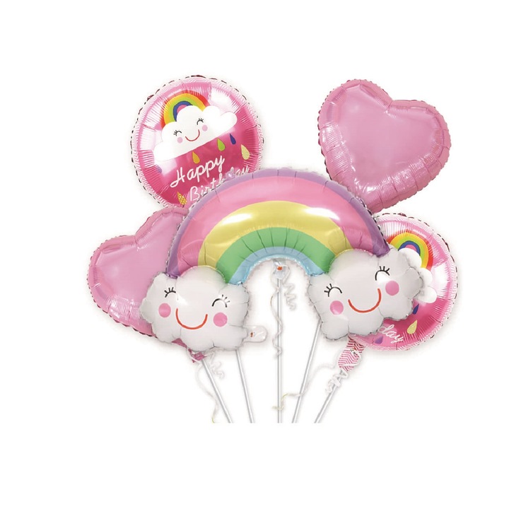 SDX Market 5 db fólia lufi készlet, szivárvány típusú, szívek és felhők, 45 cm, rózsaszín