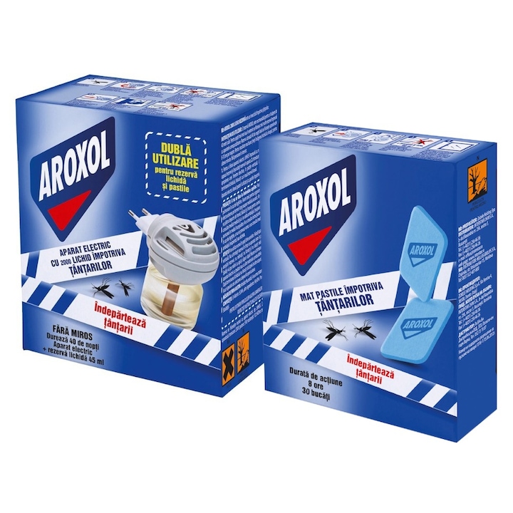 Pachet Aroxol Aparat Electric Impotriva Tantarilor Dubla Utilizare cu Rezerva Lichida 45 ml si Pastile Impotriva Tantarilor, 30 Bucati