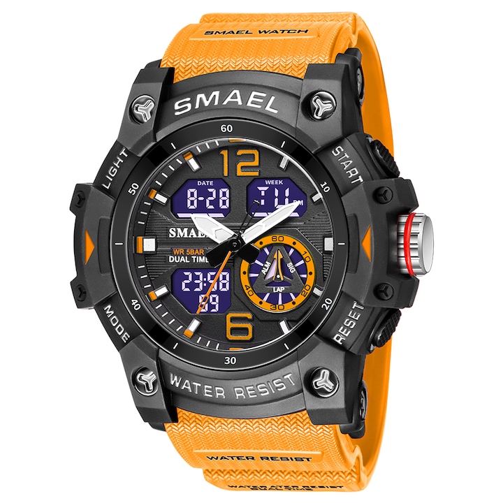 Smael Мъжки ръчен часовник Спорт Ежедневен армейски стил Военен цифров хронограф с двойно време Водоустойчив и удароустойчив Син оранжев