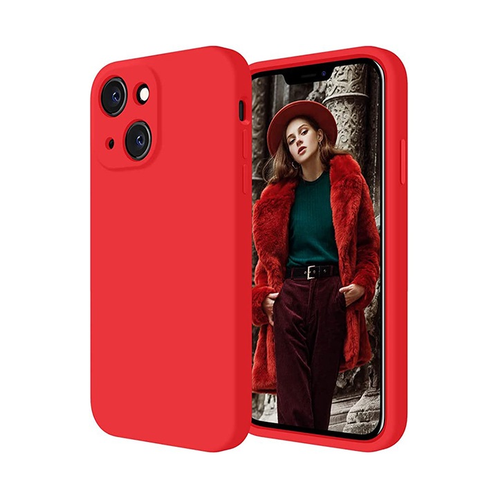 Противоударен силиконов капак съвместим с IPhone 13, Apple, с микрофибър вътре, червен