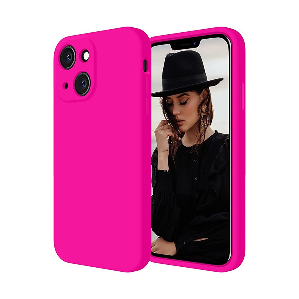 Husa silicon antisoc compatibila cu IPhone 13, Apple, cu microfibra in interior, Roz neon