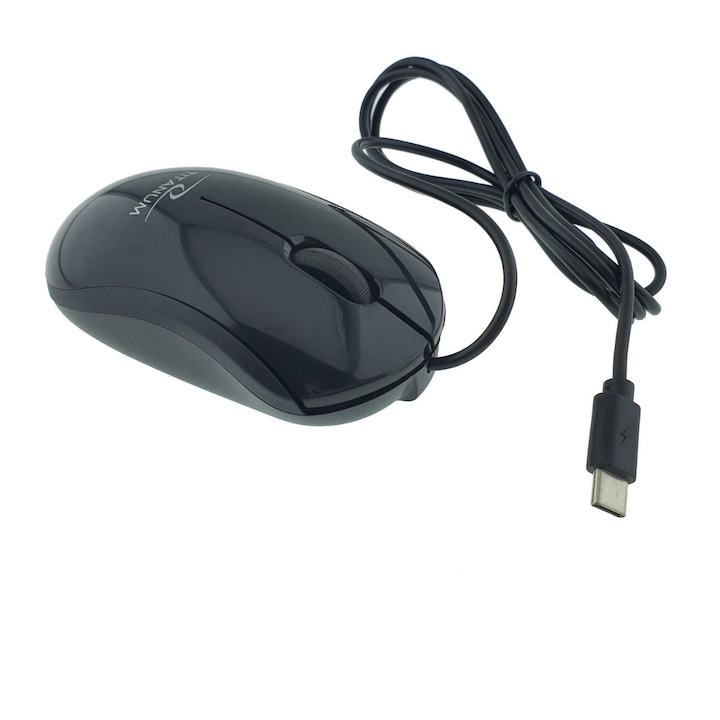Mouse optic cu fir si conector USB-C, 3D, Titanum 94670, 1000 DPI, 100 x 55 x 30 mm, cablu 120cm, negru 1000 dpi Negru lucios