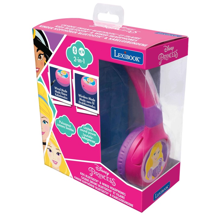 Lexibook, Disney Princess 2 az 1-ben fejhallgató, Bluetooth, USB, Multicolor