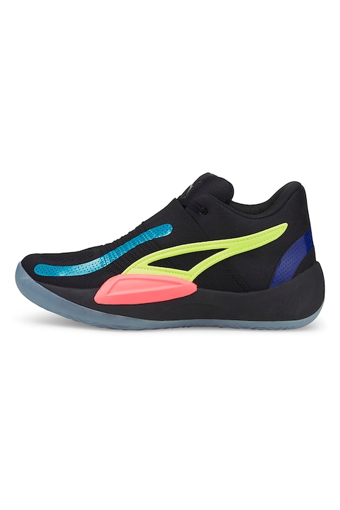 Puma, Pantofi mid-high pentru baschet Rise Nitro Sun, Negru/Verde neon/Roz