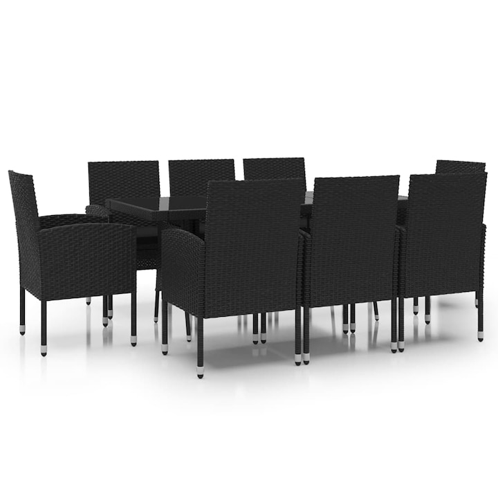 Set mobilier de gradina/terasa/exterior vidaXL, 9 piese, negru, poliratan, 170 x 80 x 74 cm, perne incluse