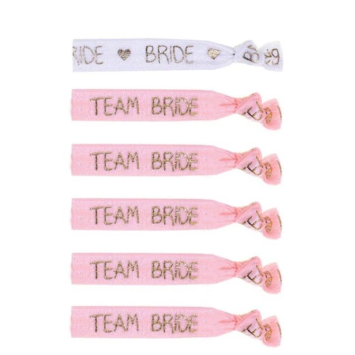 Комплект от 6 гривни за моминско парти, Team Bride, бяло розово