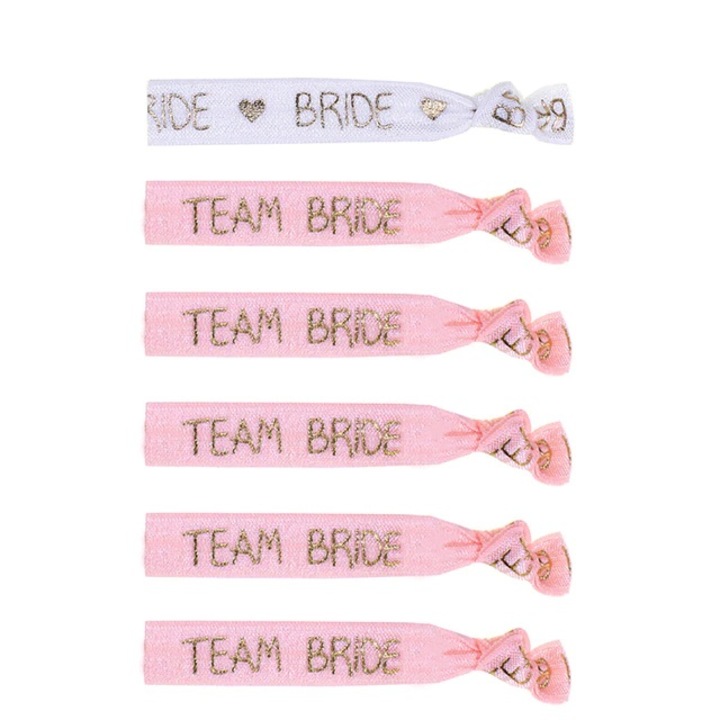 Set 6 bratari pentru petrecerea burlacitelor, Team Bride, alb roz