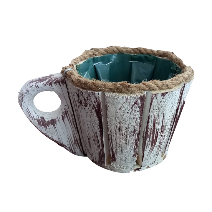 Ghiveci din Lemn pentru Flori, decorat cu Sfoara, Model Cana, Alb, 14x11 cm