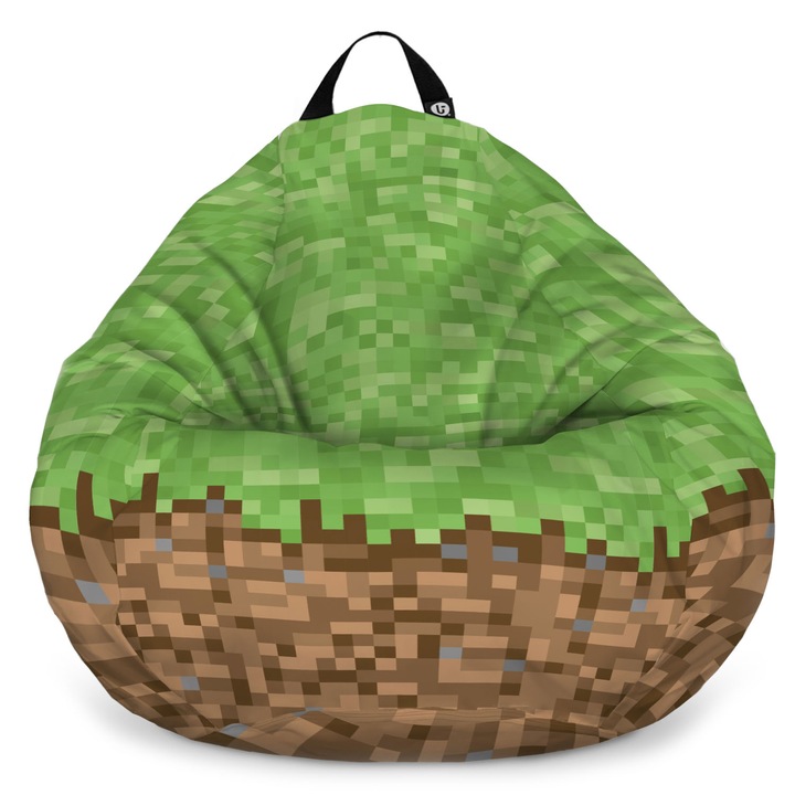 Fotoliu Updeco Puf Bean Bag tip Para XL, impermeabil, indoor/outdoor, sac interior, cu maner, 90 x 90 x 60 cm, Minecraft Iarba Pamant