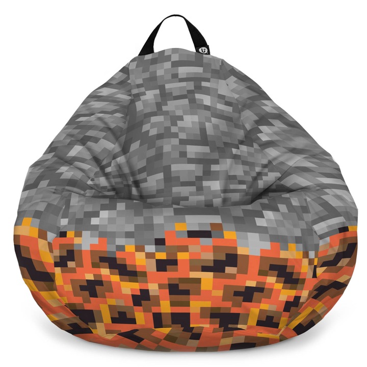 Fotoliu Updeco Puf Bean Bag tip Para XL, impermeabil, indoor/outdoor, sac interior, cu maner, 90 x 90 x 60 cm, Minecraft Piatra Magma