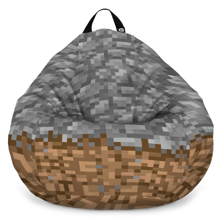 Fotoliu Updeco Puf Bean Bag tip Para XL, impermeabil, indoor/outdoor, sac interior, cu maner, 90 x 90 x 60 cm, Minecraft Piatra Pamant