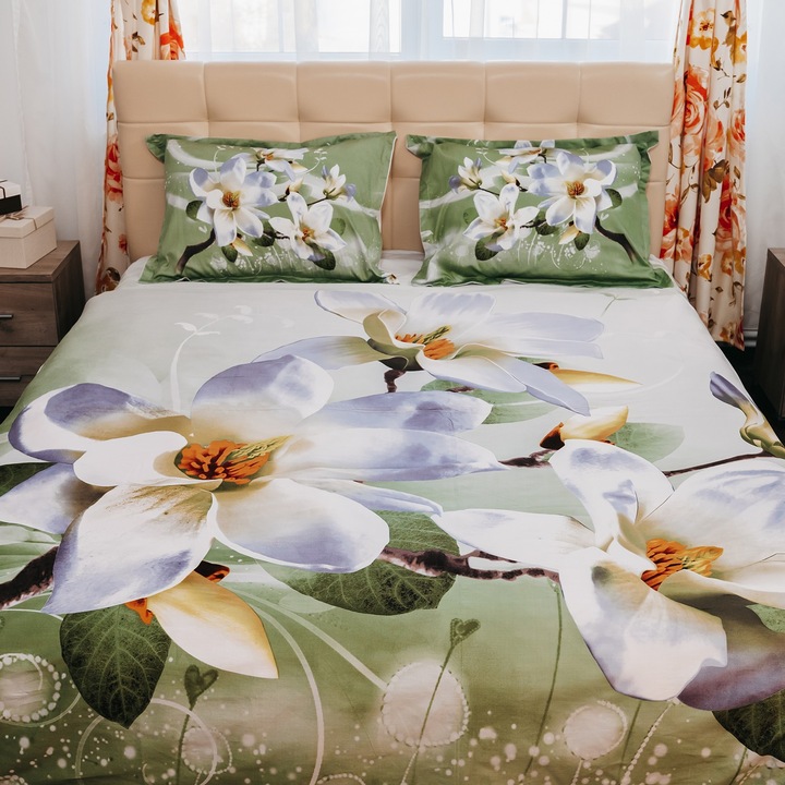 Двойно спално бельо 100% памук ранфорс 4 части king size 240 x 260 см, цветя, бяло/зелено, елегантен RNF_1