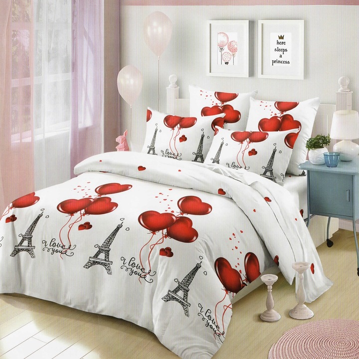 Спално спално бельо от фино двойно памучно бельо 6 части 220 x 240 см, Paris love, White Red, Ralex Pucioasa M221