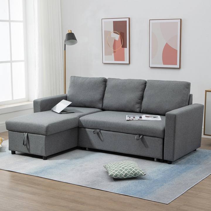 Разтегателен диван, Homcom, полиестер/ПП, 3 места, 211,5 x 146 x 85 см, сив
