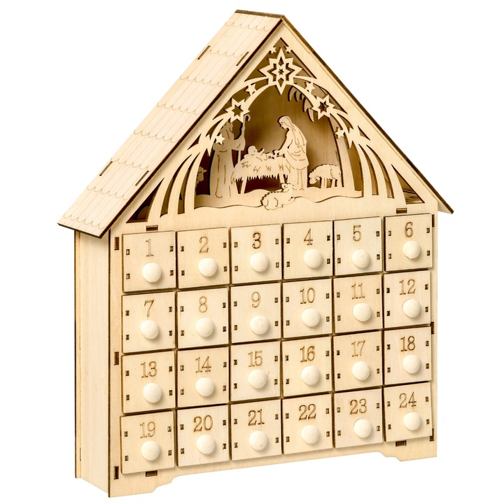 Calendar de Advent, Homcom, Lemn, Lumini LED, 26.6x6x30 cm, Maro deschis