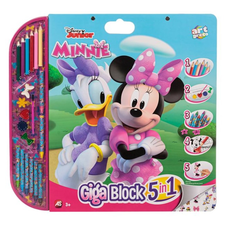 Set Bloc de desen Giga Block, Model Minnie, Incluse 14 creioane, acuarele, autocolante, Multicolor