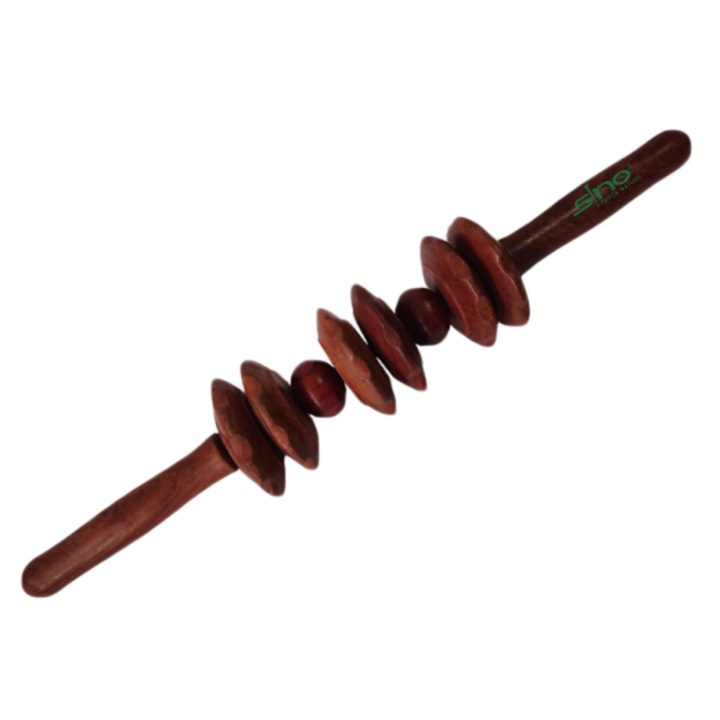 Масажен валяк, дървен прът, 3 чифта назъбени колела, 42 х 6,5 см