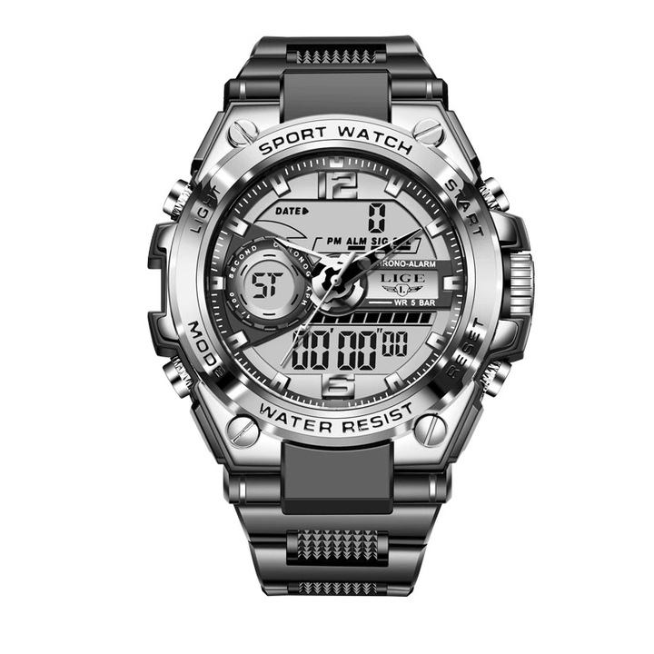 Мъжки часовник Lige Sports Watch, Водоустойчив, Сребрист/Черен