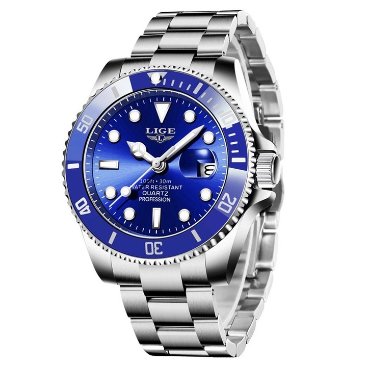 Мъжки часовник Lige Sport Watch, Водоустойчив, Неръждаема стомана, Син / Сребрист