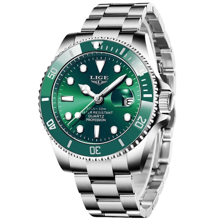 Мъжки часовник Lige Sport Watch, Водоустойчив, Неръждаема стомана, Зелен / Сребрист