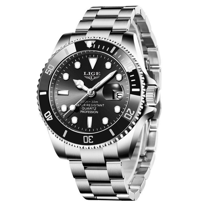 Мъжки часовник Lige Sport Watch, Водоустойчив, Неръждаема стомана, Черен / Сребрист