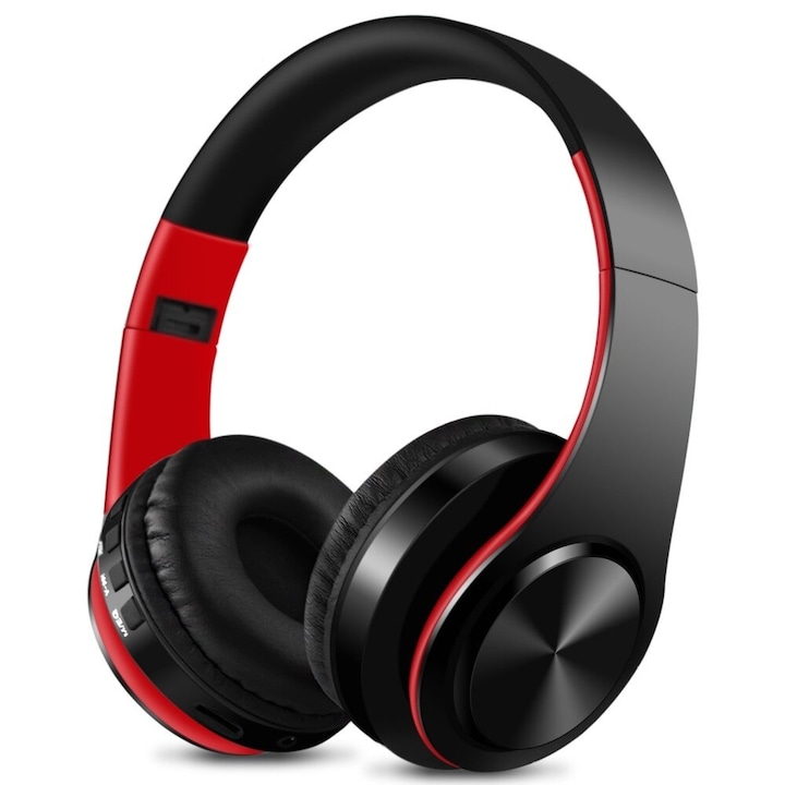STELS LP-33 vezeték nélküli fejhallgató, összecsukható, MP3 lejátszó, BT5.0, mikrofon, AUX mód, Micro SD/TF, piros/fekete