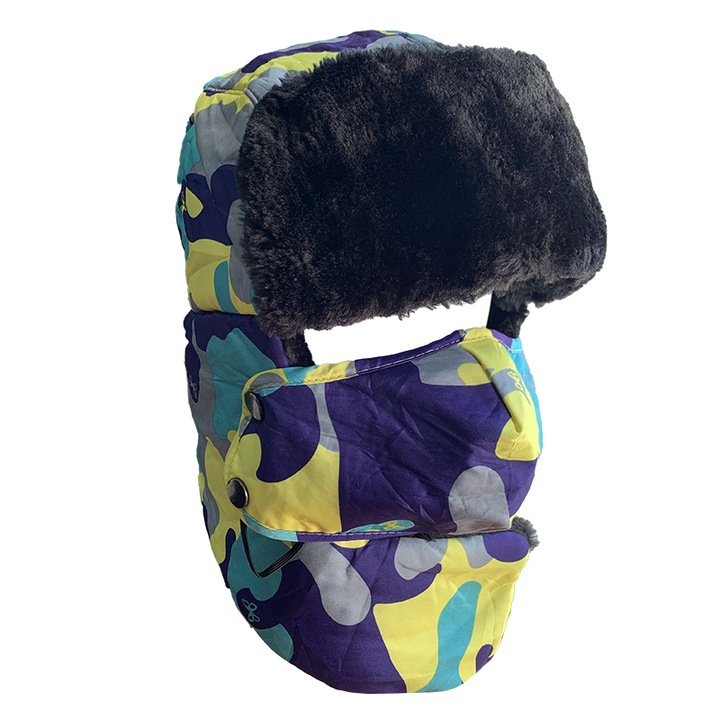 Set caciula pentru iarna impermeabila imblanita si masca, foarte calduroase, camuflaj albastru cu galben si mov, EFAYN