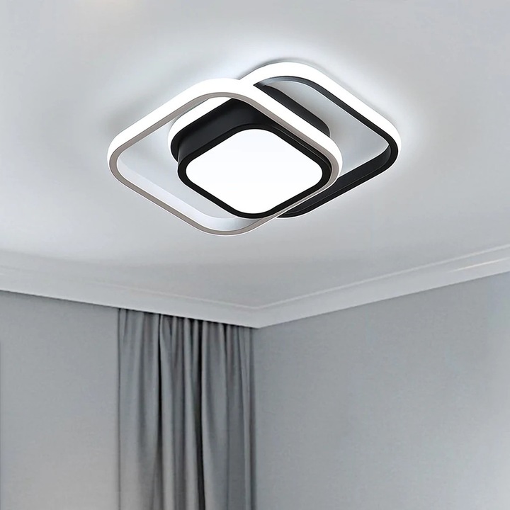 Plafoniera LED, Patrata, Goeco, Lumina Rece 6000K, 32W, 27X27X6cm, Negru, Pentru Sufragerie, Dormitor, BucaTaRie, Hol