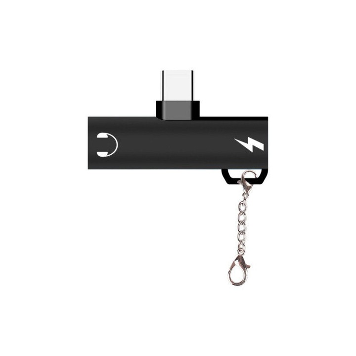 Adaptor 2in1, de la Type-C la Jack 3.5mm si Type-C, Tip Breloc, Suporta Apeluri, Compatibil Xiaomi, Oppo, Huawei