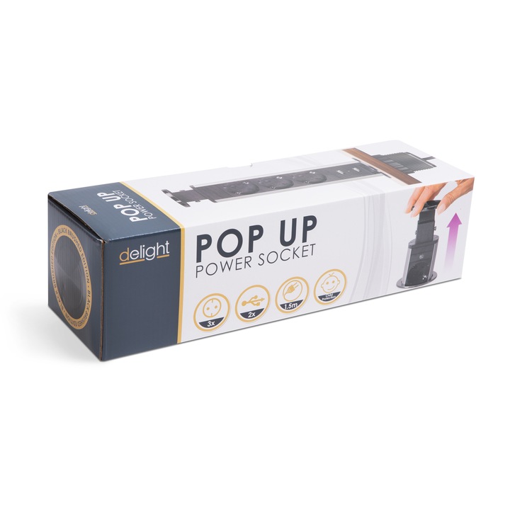 Multipriza incorporabila Delight 20430BBU, pop-up, 3 prize + 2 prize USB 2.1A, protectie copii, 250V, 16A, 1.5m, Negru lucios