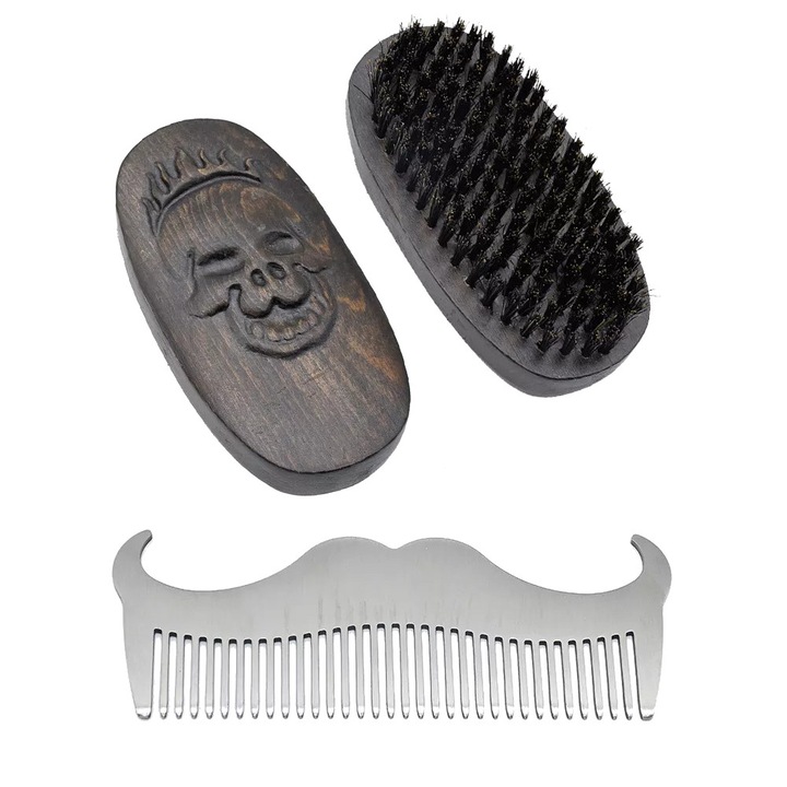 Set barber, Ardette, PER01, 2 piese, Lemn natur, Retro, cu perie si pieptene metalic, pentru ingrijire barba si mustata