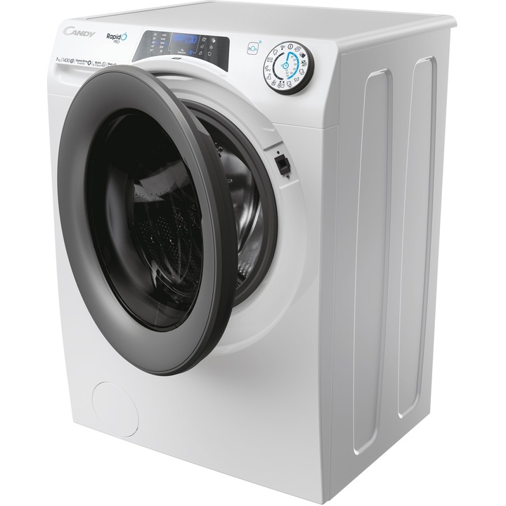 Masina de spalat rufe Slim, Candy Rapido Pro RP4 476BWMR/1-S, 7 kg, 1400 RPM, Clasa A, Motor Inverter, Quick&Clean Technology, Steam Hygiene+, WiFi, Easy Iron+, Alb
