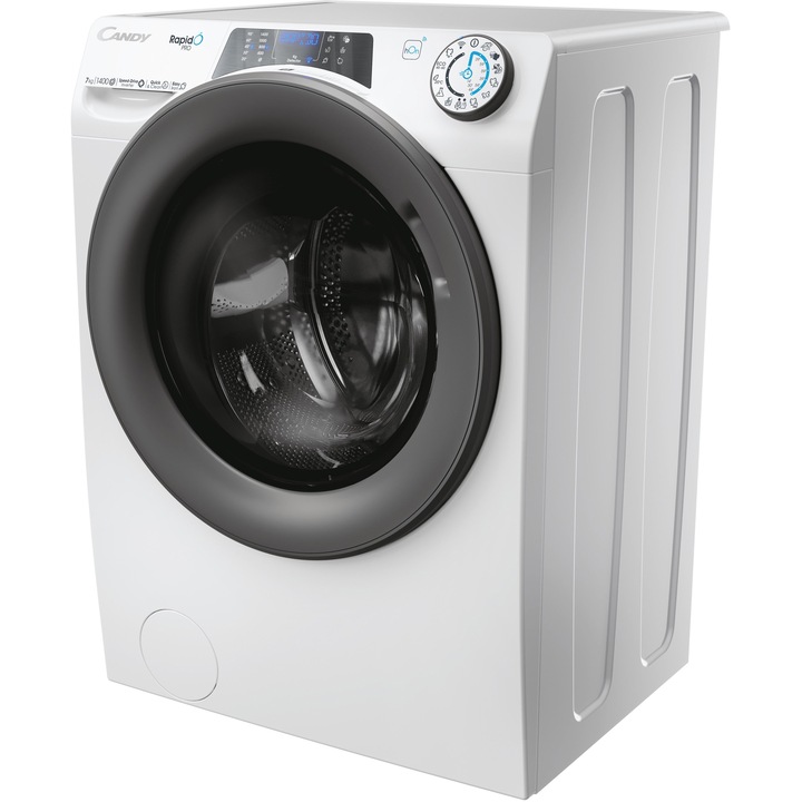 Masina de spalat rufe Slim, Candy Rapido Pro RP4 476BWMR/1-S, 7 kg, 1400 RPM, Clasa A, Motor Inverter, Quick&Clean Technology, Steam Hygiene+, WiFi, Easy Iron+, Alb