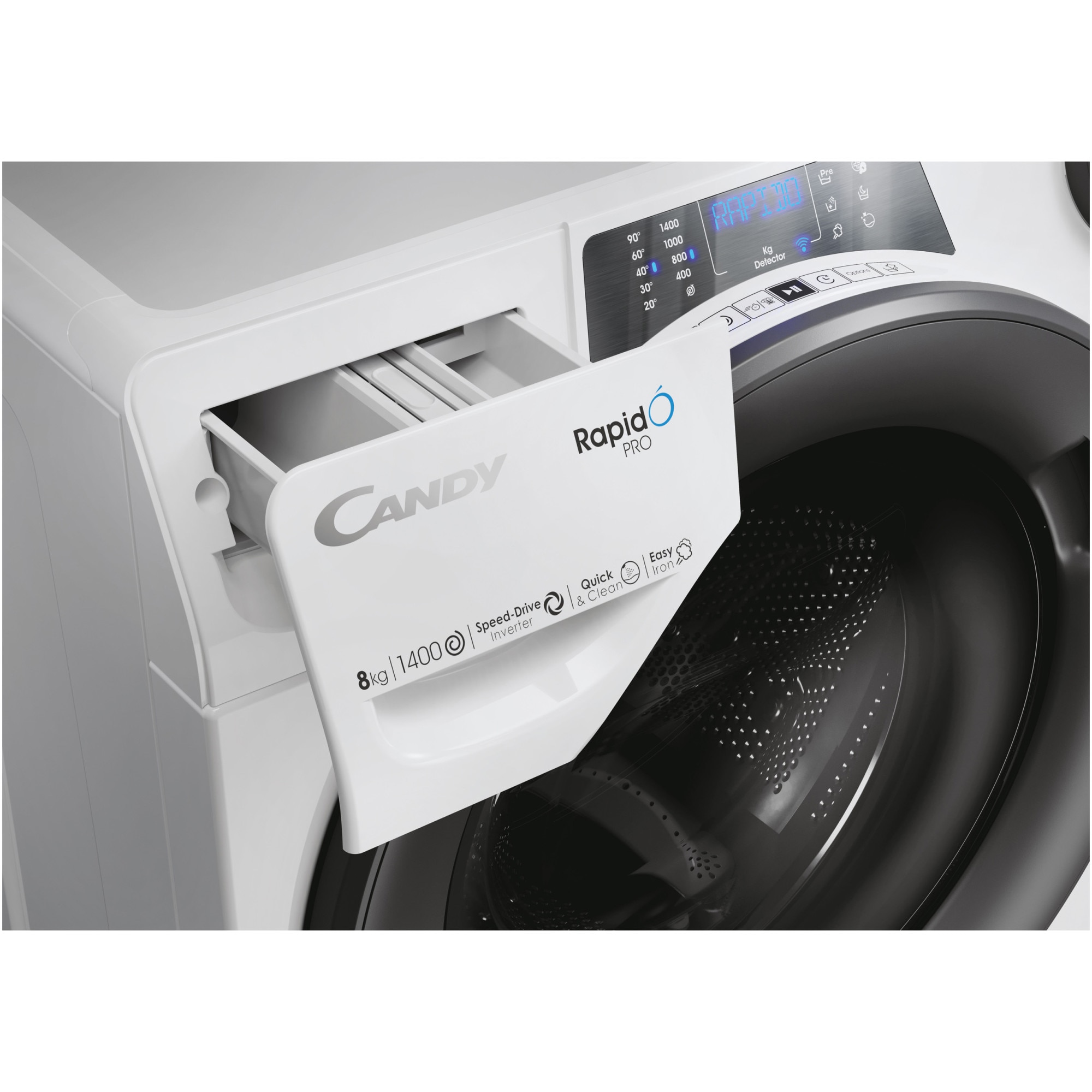 Masina de spalat rufe Candy Rapido Pro RP 486BWMR/1-S, 8 kg, 1400 RPM, Clasa A, Motor Inverter, Quick&Clean Technology, Steam Hygiene+, WiFi, Easy Iron+, Alb