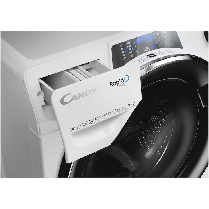 Masina de spalat rufe Candy Rapido Pro RP 4146BWMBC/1-S, 14 kg, 1400 RPM, Clasa A, Motor Inverter, Quick&Clean Technology, Steam Hygiene+, WiFi, Easy Iron+, Alb