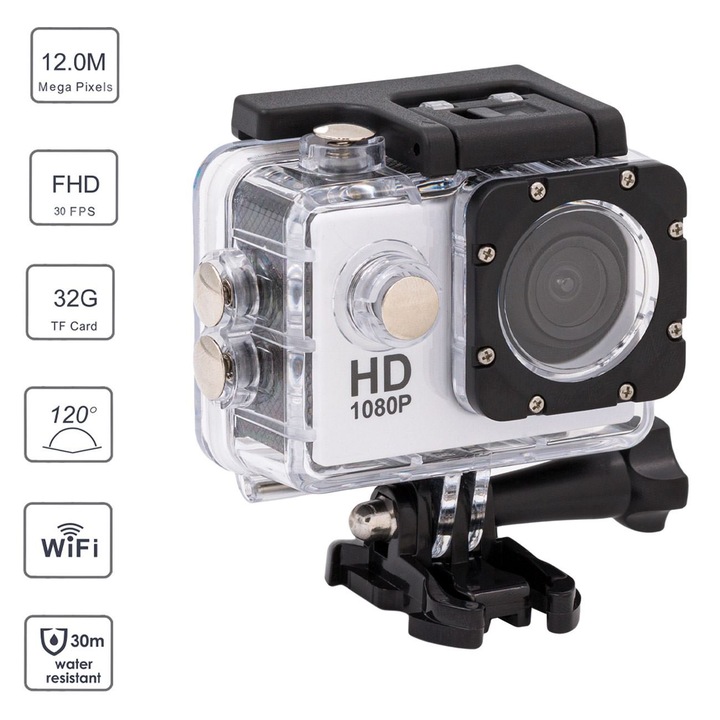 Екшън камера HD 1080P, екран 2.0", WiFi, ъгъл 140º, водоустойчивост 30m, време за запис 120 минути, акумулаторна батерия 900 mA, черно/бяло