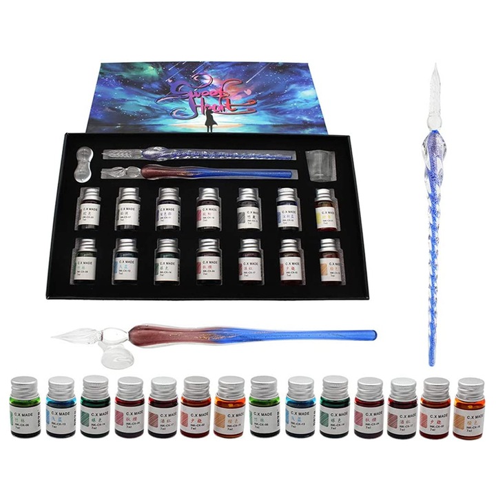 Set 18 instrumente scris, Sticla/Ceramica, Cerneala, Multicolor