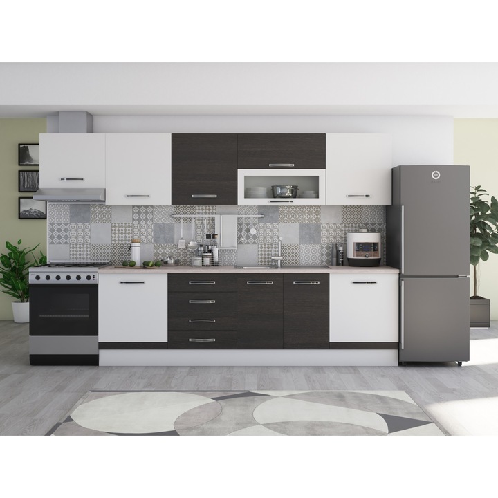 Bucatarie Alfa 320, wenge/alb, cu blat termic travertin, corp hota