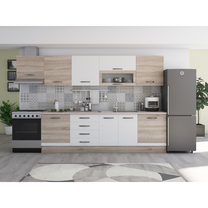 Bucatarie Alfa 320, alb/sonoma, cu blat termic travertin, corp hota