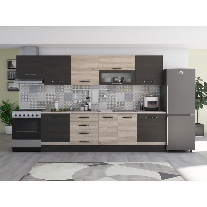 Bucatarie Alfa 320, sonoma/wenge, cu blat termic travertin, corp hota