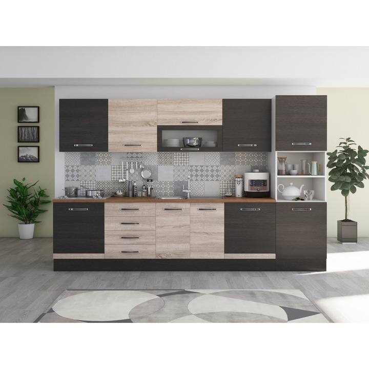 Bucatarie Alfa 320, sonoma/wenge, cu blat termic nuc, corp pentru cuptor incorporabil