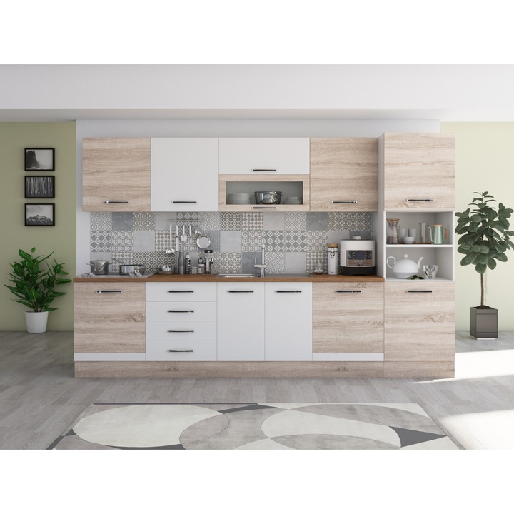 Bucatarie Alfa 320, alb/sonoma, cu blat termic nuc, corp pentru cuptor incorporabil