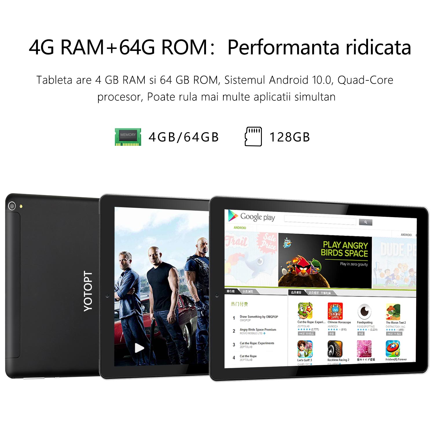 Tableta YOTOPT Y3, Quad core, 10", 4GB RAM, 64GB, 4G, Wifi, Android 10, Negru