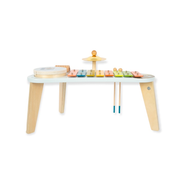 Masuta muzicala pentru copii, Groovy Beats, din lemn si metal, 22 cm inaltime, multicolor, contine 4 instrumente