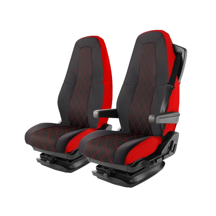 Set Huse Scaun Camion Avantgard, Lux Textil, Negru cu Cusaturi Romb Rosie, pentru camion VOLVO FL, FE, FM16, FH16, FH12, 4 piese