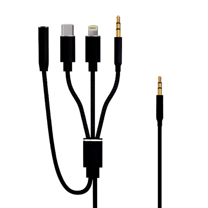 Adaptor 4in1, de la Cablu Auxiliar Audio Jack 3.5mm, la Jack 3.5mm, Lightning, USB-C si Mufa Jack 3.5mm, Lungime 1M, Compatbilitate Universala